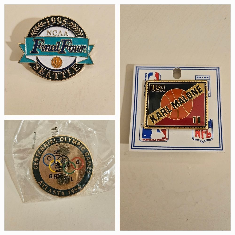 Lot of 3 pins 1995 NCAA Final Four, Karl Malone, 1996 Atlanta Olympic Pin Brasil